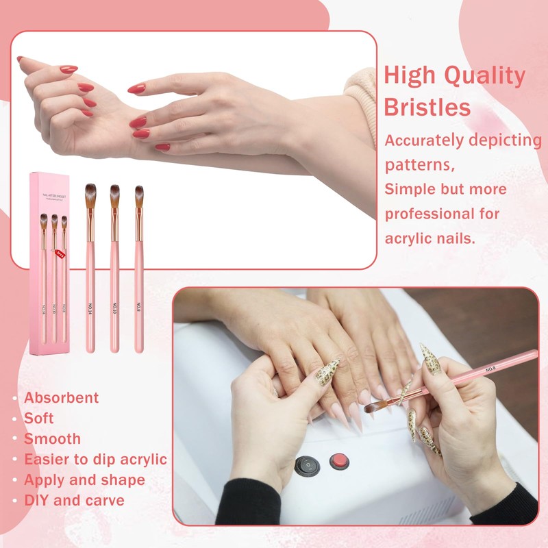 3 PCS Acrylic Nail Brush Set, Size 8/12/14 Professional Nail