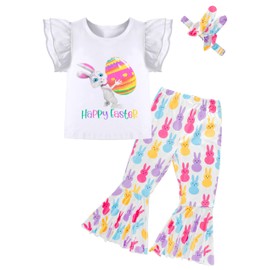 DAKEIK Toddler Girl Easter Outfit 5T-6T Girls Easter Outfit Happy easter Bunny Print White Ruffle T-Shirt Cute Bunny Print Bell Pants Cute Bunny Headpiece 3 Piece Easter Set