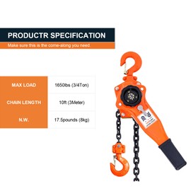SALUINOKI Lever Chain Hoist 1650lbs 10ft 3/4 ton Come Along Ratchet Puller Hoists for Heavy Duty Lifting
