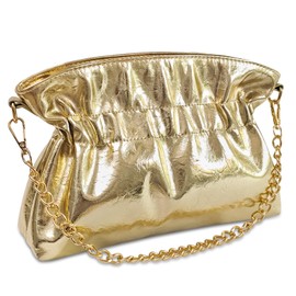 KKXIU Evening Clutch Purses for Women Shiny Metallic Solid Color Crossbody Bag with Chain Strap Elegant Party Wedding Handbag, Gold