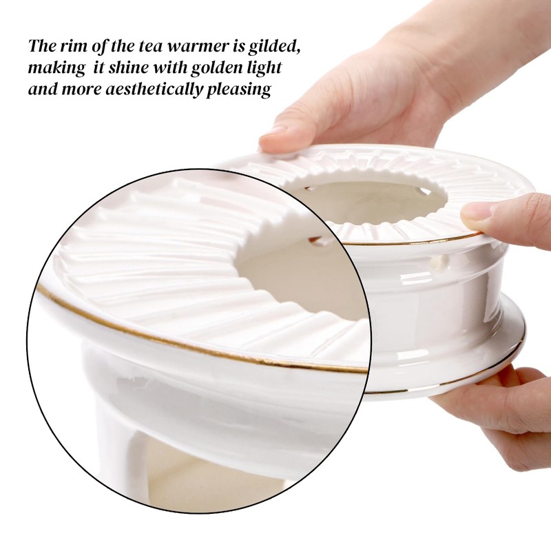 Nagpew Ceramic Teapot Warmer, Gold Rim Teapot Heater with Tealight
