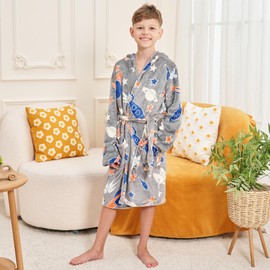 V.&GRIN Boys Fleece Robe, Hooded Plush Soft Fuzzy Bathrobe for Kids 3-14 Years（Space 11-12