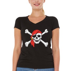 shop4ever Pirate Skull & Crossbones Women's V-Neck T-Shirt Pirate Flag Shirts Large Black 11224