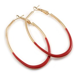 60mm Tall/Gold Tone with Red Enamel Oval Hoop Earrings/Large Size