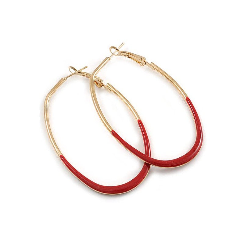 60mm Tall/Gold Tone with Red Enamel Oval Hoop Earrings/Large Size