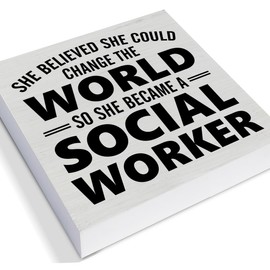 Social Worker Appreciation Gifts for Women, She Became a Social Worker Wooden Sign Home Office Decor for Desk Shelf Wall 5 X 5 Inches