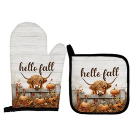 Qeheb Fall Western Highland Cow Oven Mitts and Pot Holders Sets, Farmhouse Western Autumn Pumpkin Leaf Oven Mitts, Highland Cow Gifts for Women Over Mittens for Kitchen Decor, Fall Over Gloves Gifts