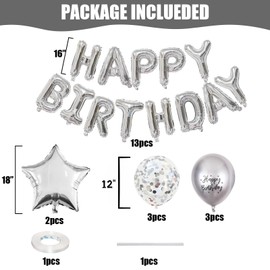 Happy Birthday Balloons Banner Silver, 16 Inch Mylar Foil Letters Balloons, Happy Birthday Foil Balloons Set with Silver Confetti Latex Balloons Star Foil Balloons for Birthday Party Decorations
