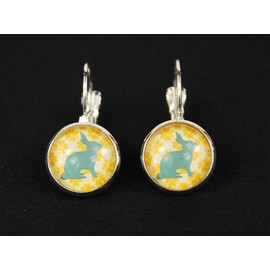 Miniblings Rabbit Flowers Easter Cabochon Rockabilly Earrings Animal Nature Rabbit – Handmade Fashion Jewellery I Earrings Silver Plated, Metal
