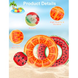 Pukitt 2Pcs Inflatable Swim Ring Summer Fruit Painting Orange, And Watermelon Swimming Ring, 90cm Transparent Floating Ring For Summer Pool Party