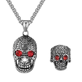 Liitata 2 Pcs Skull Pendant Necklace Rings Set Hollow Skeleton Necklace Crystal Red Eyes Skull Necklace Retro Skeleton Ring Gothic Rock Punk Chain Necklace for Men - Silve