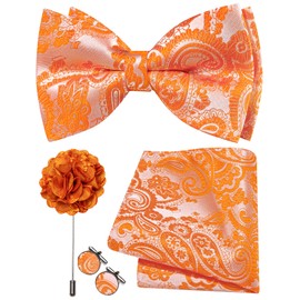 Ailisus Orange Paisley Bow Tie for Men Silk Woven Pre-tied Bowtie and Pocket Square Cufflinks Lapel Pin Set Wedding Party Prom