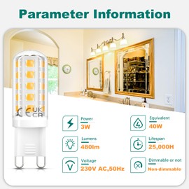 DiCUNO G9 LED 3 W, warm white 2700 K, replaces 30 W-40 W halogen bulb, 480 lm, ultra-efficient LED bulb, energy efficiency class C, flicker-free, non-dimmable, pack of 6