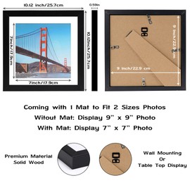 OMISHE 6 Pack 9x9 inch Picture Frames Black for Wall Hanging or Tabletop Poster, Frame Display 7x7 inch with Mat or 9x9 Without Mat, Square Wall Gallery Photo Frames,Black