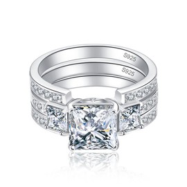 Bonlavie 925 Sterling Silver 3 Stone Princess Cut Past Present Future Engagement Wedding Ring Set (S 1/2)