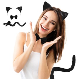 YUYWWAN Cat Costume Accessory Set, Cat Ears Headband Cat Tail Short Plush Bow Tie, Black Cat Costume Cosplay Set for Women Carnival Role Play Accessories