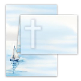 Place Cards, Name Cards, Pack of 25, Blank Place Cards with Sailing Boat and Cross, Communion, Confirmation, Christening, Wedding, Birthday, Celebration, Anniversary, White, Blue, with Boat