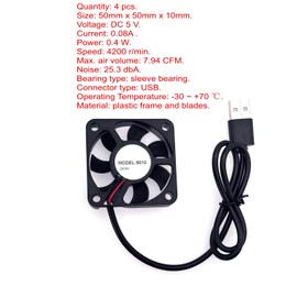 JZK 4PCS 50x50x10mm DC 5V mini USB cooling fan 50mm, 4200 rpm, 0.08A, 5010 sleeve bearing small brushless DC fan 5cm for cooling or ventilation, 3D printer fan