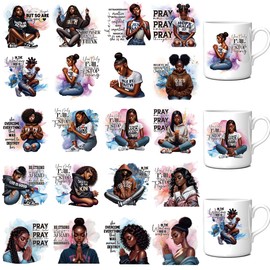 Obookey UV DTF Cup Wrap Transfer - 20 Pcs Christian Black Girl UV DTF Cup Wrap for 16 oz Glass, Water Bottles Coffee Mugs Glass Cups Transfers, Woman Pray Bible Religion Uvdtf Decals Crafts Stickers