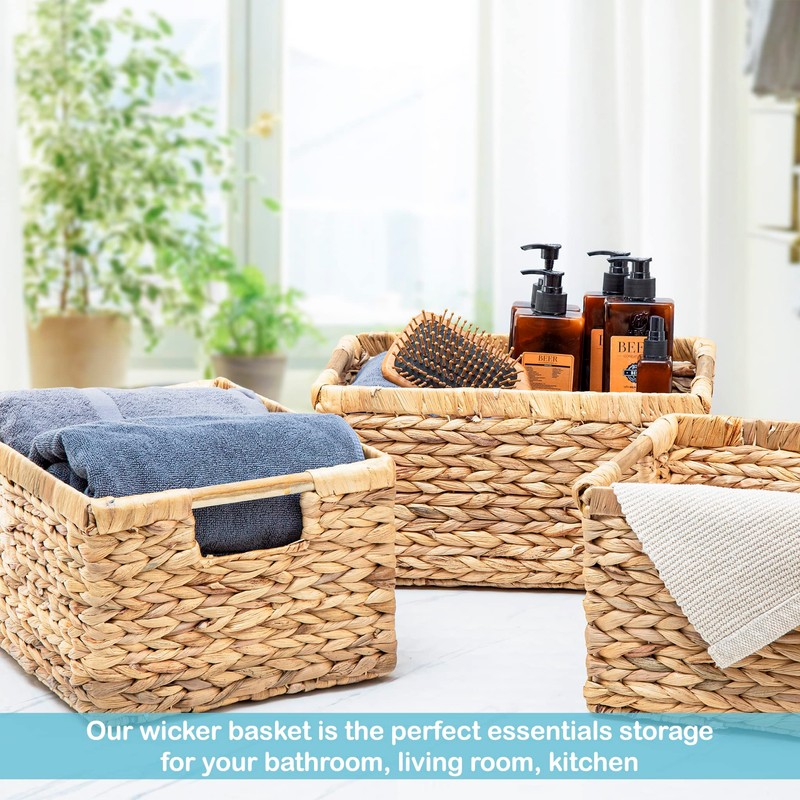 VATIMA Large Rectangular Wicker Basket with Wooden Handles for Shelves