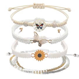 DS 4PCS String beads Charm Bracelets for Teen Girls Dainty cute cartoon Butterfly Daisy Eternal flower Beads Bracelets set for woman and girls Adjustable Stretch bracelet birthday Gift For Friends (Color-9)