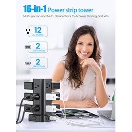 Flat Plug Power Strip Tower Surge Protector, 10FT Flat Extension Cord with Multiple Outlets, 12 AC Outlets, 4 USB Ports (2 USB C) Charging Station for Office Home Dorm Room Travel (Black)