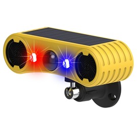 HULPPRE Solar Outdoor Motion Sensor Alarm-13 Sounds Including Dog Barking&Gunshot,2 * 130db Loud Noise Maker,4 Modes,Red&Blue Motion Activated Strobe Light,Say Goodbye to The Intruders