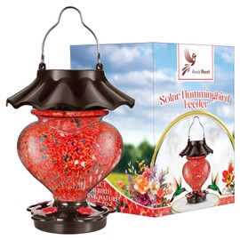 Solar Heart-Shaped Hummingbird Feeder for Outdoors Hanging, Hand-Blown Glass, 33 fl.oz, Leak-Proof & Rustproof, Includes 2 Hanging Hooks, Unique Garden Decor with Solar-Powered LED, Red