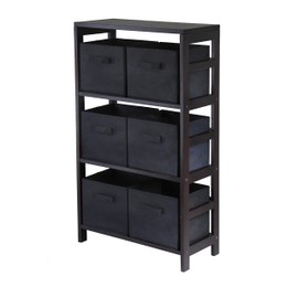 Winsome Wood Capri Wood 3 Section Storage Shelf with 6 Black Fabric Foldable Baskets