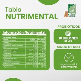 All Nature Billion Complex, Probióticos 10 Billones, Pre, Pro y Post Bióticos en Polvo, Sabor Limón, 60 Stickpacks de 2g, con Vitamina D3 y Zinc