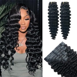 Pobokix Deep Wave Clip in Hair Extensions Real Human Hair 2 Pack 240g Seamless Clip in Hair Extensions for Women Full Max with 18Pcs PU Thin Weft 14inch Natural Black