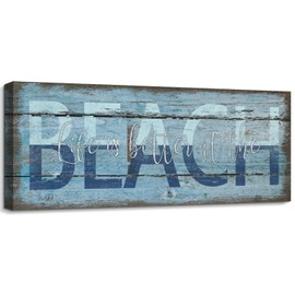 pureluca Blue Beach Sign Life is Better at The Beach Quotes Plaques Rustic Coastal Themed Decor 6 x 17 Farmhouse Wall Panel for Beach Life Shore Vacation Bathroom Bedroom Home Decoration