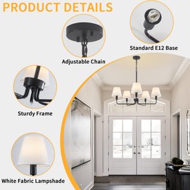 Black Modern Farmhouse Chandelier Light Fixture with Fabric Shade, 5 Light Kitchen Island Pendant Hanging, Vintage Mid Century Foyer Light Fixture for Entryway Hallway Living Room Dining Over Table