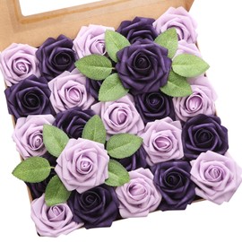 Artificial Rose Flower 25pcs Purple & Lilac Roses with Stems for DIY Wedding Bouquets Bridal Shower Centerpieces Floral Arrangements Party Tables Home Decorations Backdrop Garden/Pot Christmas Decor