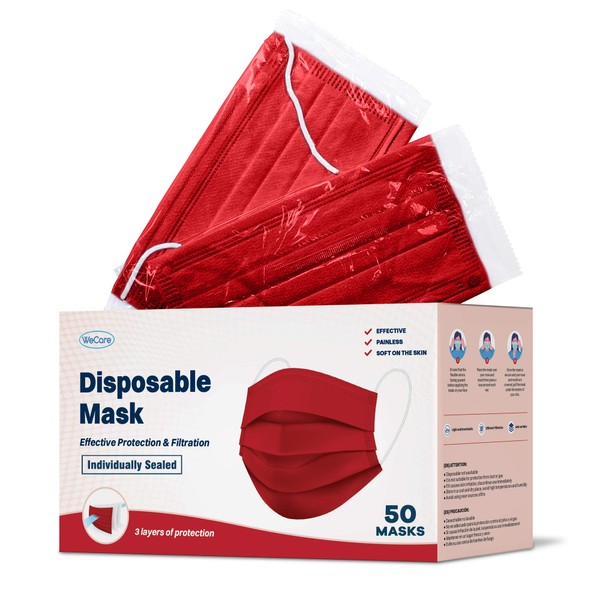 WECARE Box of 50, Individually-Wrapped Masks - Red