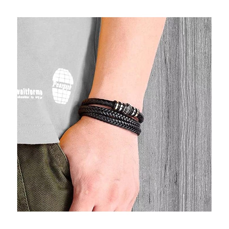 HEIX Mens Multilayer Braised Leather Bracelet Magnetic Stainless Steel Clasp