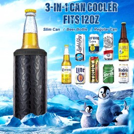 3 in 1 Slim Can Cooler for 12 OZ Skinny Can, Regular Can & Beer Bottle - Keep Cold for 6 Hours - Double Walled Insulated Stainless Steel Vacuum Beverage Can Insulator (Black Leopard)