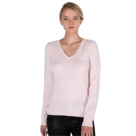 JENNIE LIU Women's 100% Pure Cashmere Long Sleeve Pullover V Neck Sweater (Petal Pink,Small)