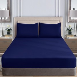 WEAVERS: Extra Deep Fitted Sheet - Super Soft Luxurious Microfiber, 40cm Deep Pockets, Elasticized design that ensures a snug fit. (Colour Navy Blue Size Double)