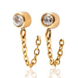 Tini Lux | Hypoallergenic Earrings | Titanium Offshore April Huggie Earrings | Chain and Crystal Detail, Gold Finish | Titanium Huggie Earrings | Gold Huggie for Women, Sensitive Ears, Earring Set