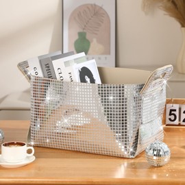 Geelin Disco Ball Storage Basket for Organizing 15x10x9 in Glitter Silver Foldable Fabric Storage Bin with Carry Handle for Shelves Bling Felt Basket Organizer for Home Decor Office Laundry (2 Pcs)