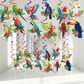 Lemicin 58 Pcs Tropical Birds Hawaiian Hanging Swirl, Tropical Toucan Parrot Party Foil Ceiling Hawaiian Rainforest Birds Decor for Summer Beach Pool Tiki Wedding Birthday Party Supplies