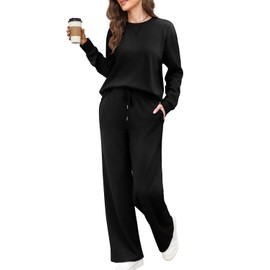 Jescakoo Womens 2 Piece Sweatsuit Outfit 2024 Fall Long Sleeve Pullover Lounge Set Casual Gym Tracksuit S-XXL Black Size XL