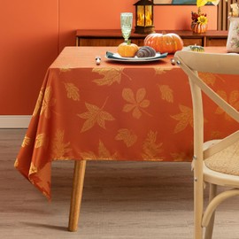 MikiUp Jacquard Fall Thanksgiving Tablecloth - Maple Leaves Glitz Metallic Fabric Square Table Cloth, Waterproof and Washable Holiday Decorative Table Cover for Party, Burnt Orange 60 x 60 Inch