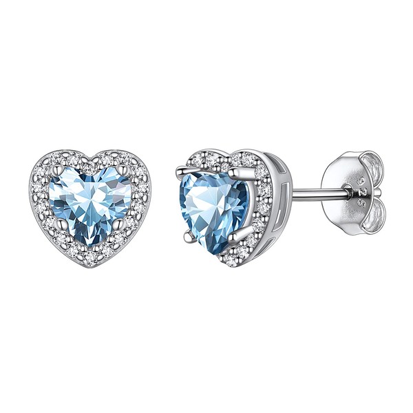 Suplight Sterling Silver Blue Aquamarine Heart Stud Earrings for Women
