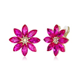 Flyonce Flower Clip-on Earrings for Women, Hot Pink Rhinestone Sparkly Crystal Statement Floral Clip Earring Studs Non Pierced Ears Wedding Party Summer Jewelry