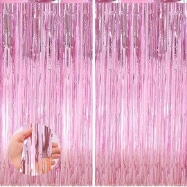 2 Pack 3.3 * 8.3 ft Foil Curtain Metallic Tinsel Fringe Curtains Photo Booth Props Backdrop for Birthday Wedding Engagement Baby Shower Christmas Holiday Celebration Party Streamer Girl,Pink