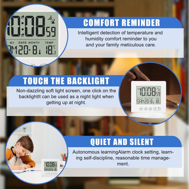 Digital Radio-Controlled Alarm Clock with Thermometer, Alarm Clock Digital with