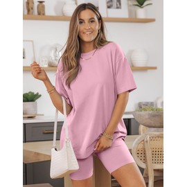 AUTOMET Womens 2 Piece Sets Summer Outfits 2024 Fashion Two Piece Lounge Matching Set Oversized Shirts Biker Short Tracksuit, Pink, Small