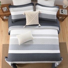 SahSahCasa 120"x120" 100% Cotton Oversized California King Bedspread Coverlet Striped Quilt Set, Cal King Quilted Bedspread Extra Large Quilt, XL Bed Spread Lightweight Comforter, Dark Slate Gray